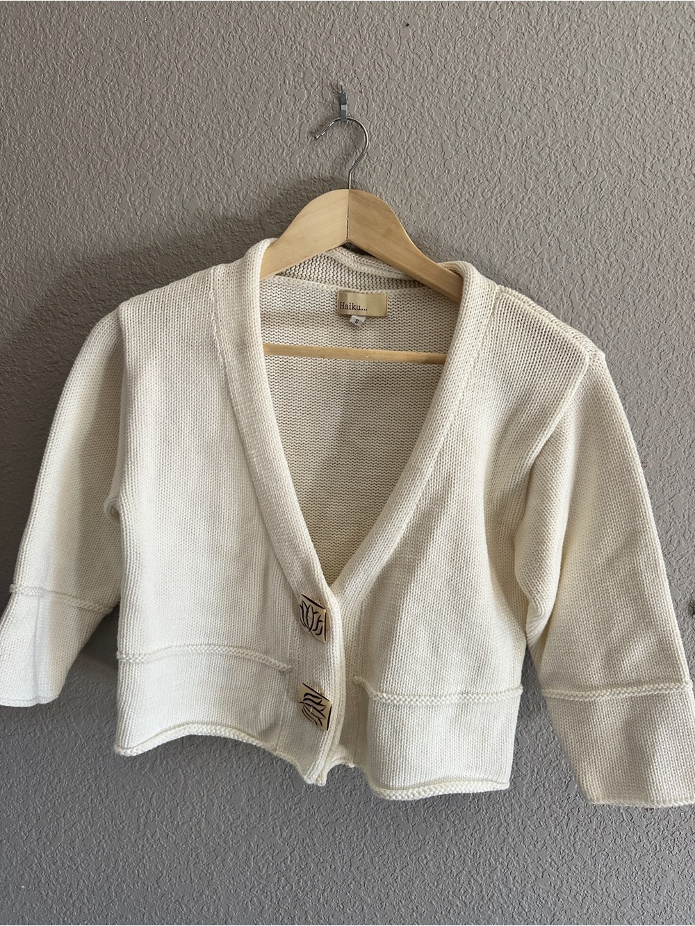 Haiku Cream Knit Cropped Cardigan with Lotus blossom buttons 100% Cotton